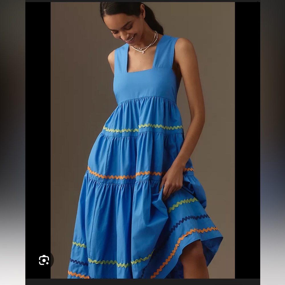 Anthropologie The Helena Square-Neck Tiered Midi Vibrant Blue Scallop Midi Dress